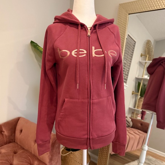 Bebe Sport Womens Full Zip Hoodie Burgundy Gold Logo Sweatshirt - Picture 5 of 8